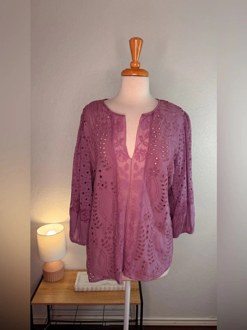 Johnny Was Lavender Eyelet Embroidered Peasant Blouse